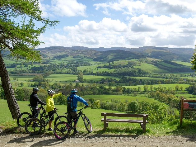 Three men on bikes looking out over the countryside